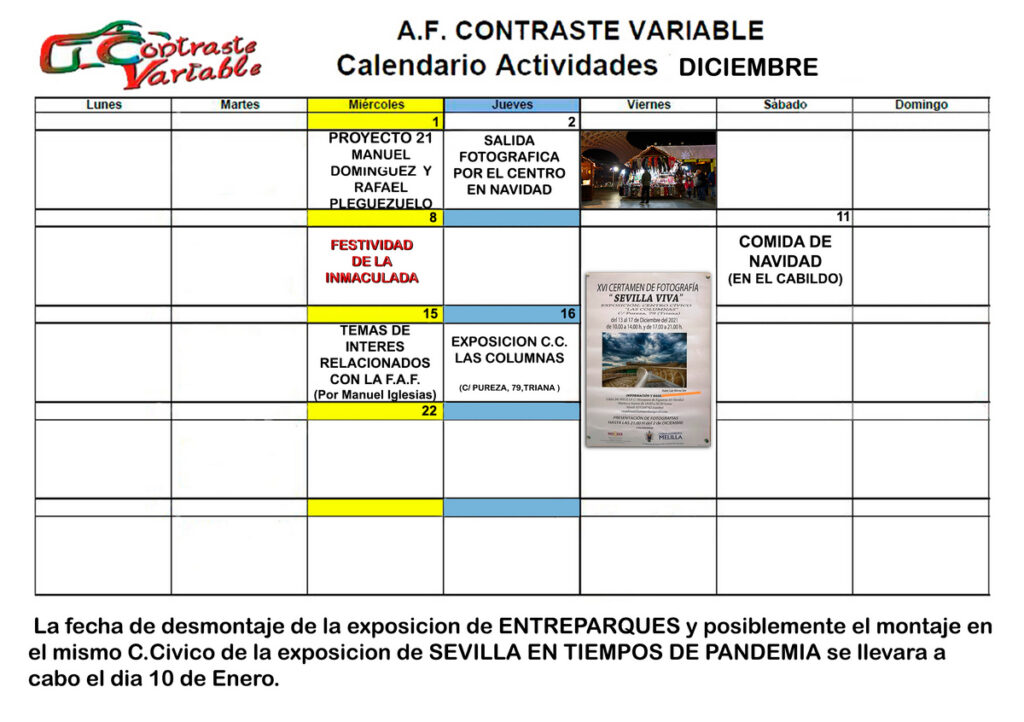 Calendario de Actividades de diciembre de 2021