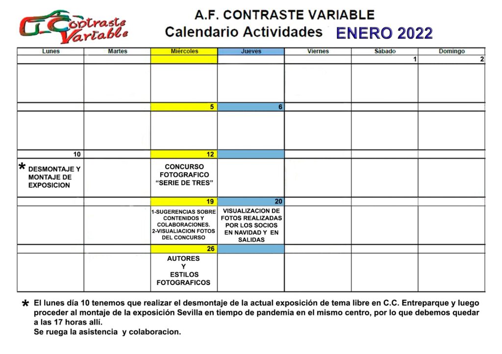 calendario enero 2022