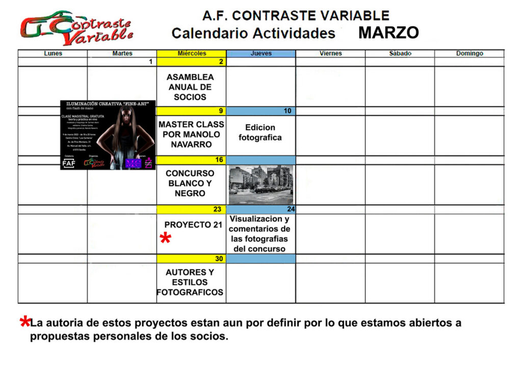 Calendario de Actividades de marzo de 2022