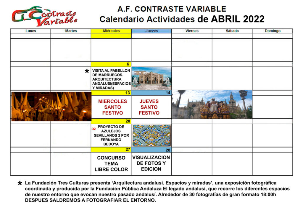 Calendario de Actividades de abril de 2022