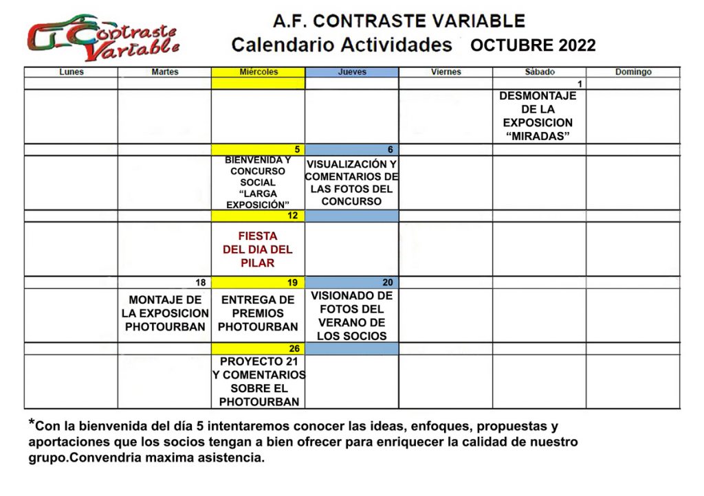 Calendario de Actividades de octubre de 2022
