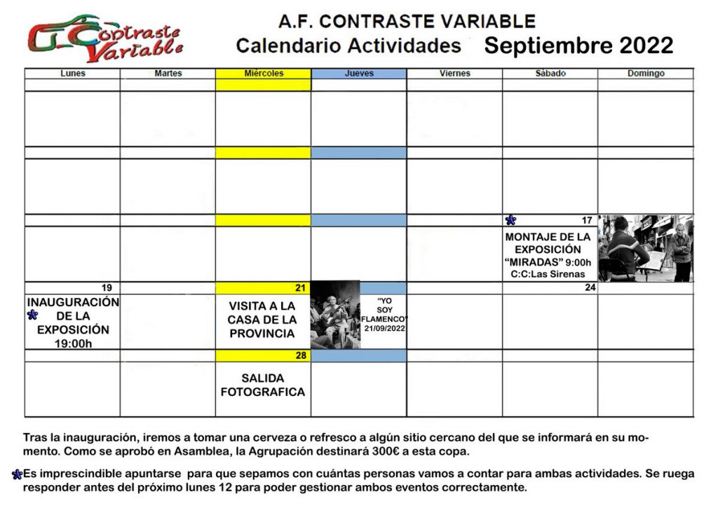 Calendario de Actividades de septiembre de 2022