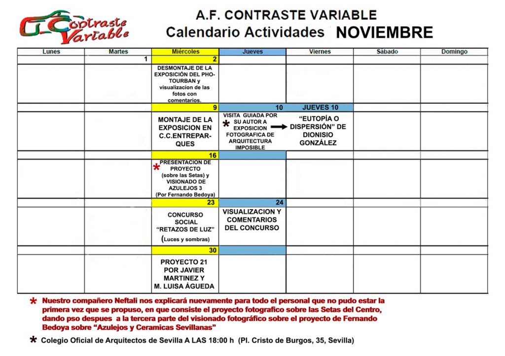 Calendario de Actividades de noviembre de 2022
