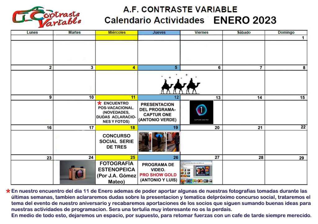 calendario de actividades de enero de 2023