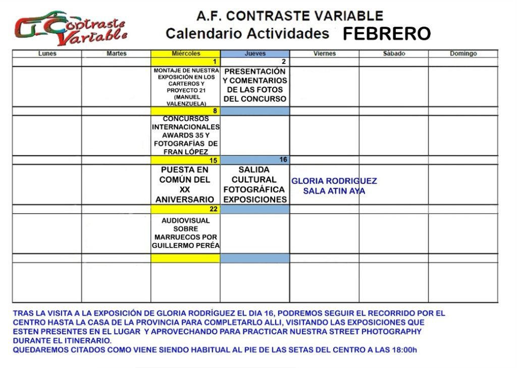 Calendario de Actividades de febrero de 2023