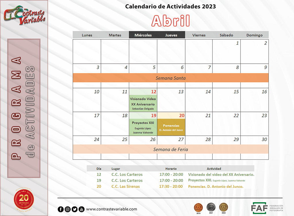Calendario de Actividades de Abril de 2023