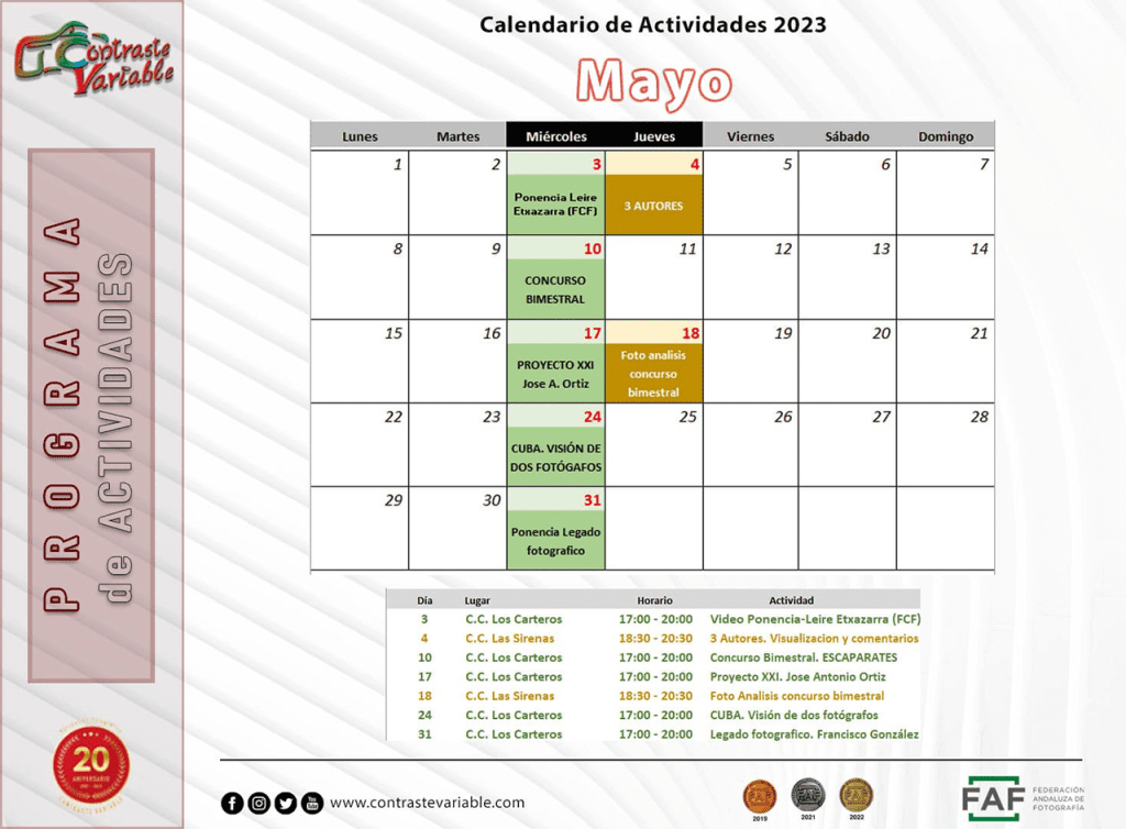 Calendario de Actividades de Mayo de 2023