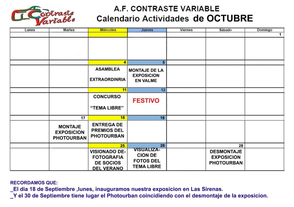 calendario octubre 2023
