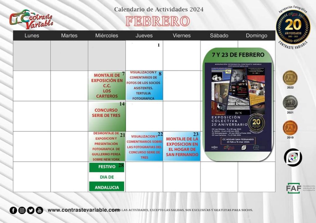 Calendario de Actividades de febrero de 2024