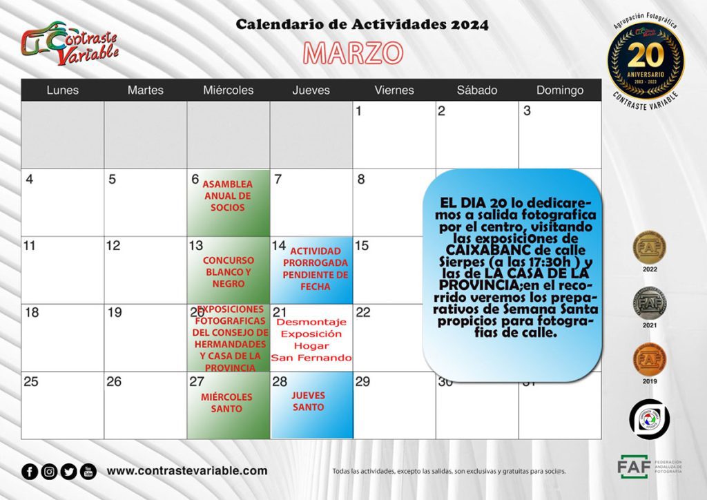 Calendario de Actividades de marzo de 2024