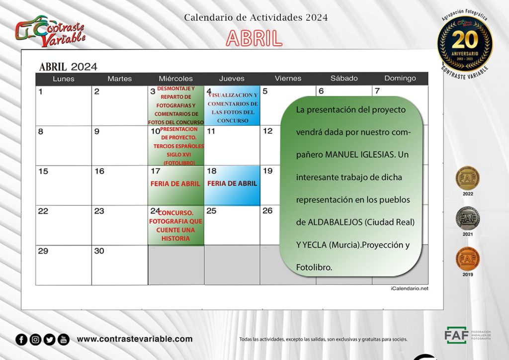 Calendario de Actividades de abril de 2024