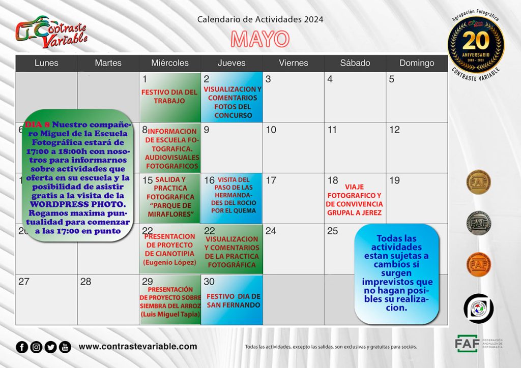 Calendario de Actividades de mayo de 2024