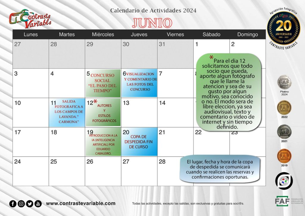 Calendario de Actividades de junio de 2024