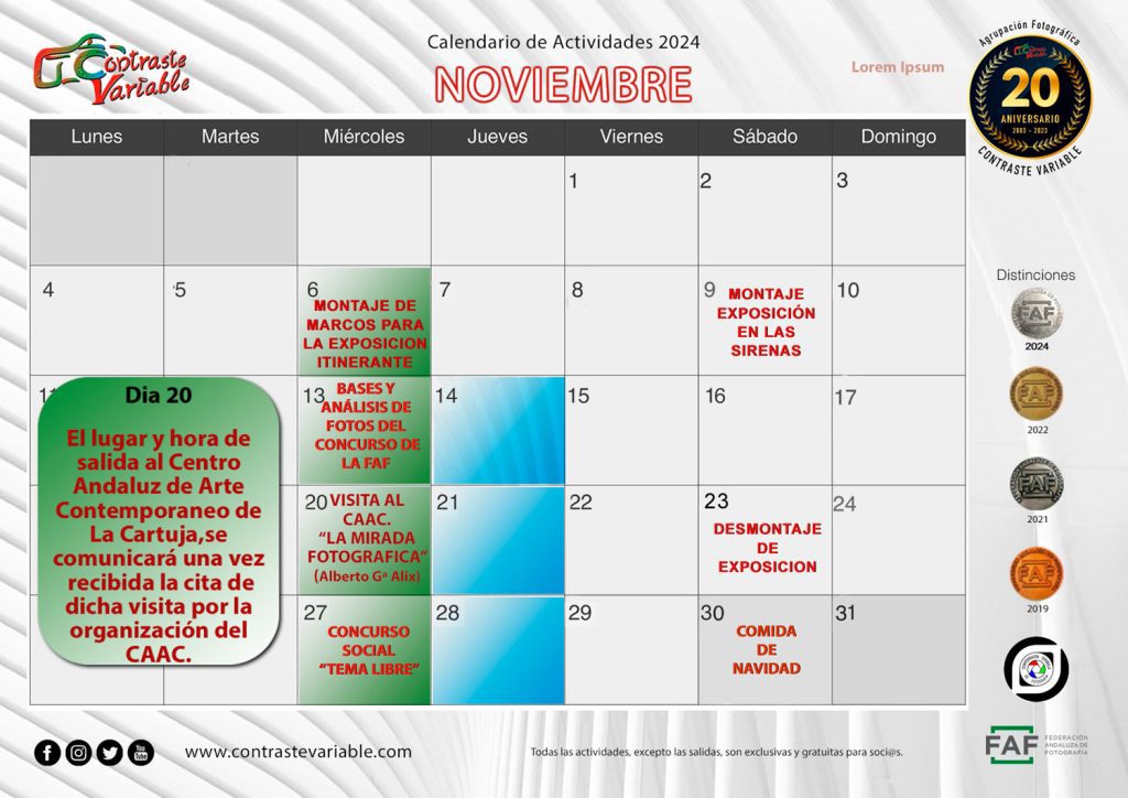 Calendario de Actividades de noviembre de 2024