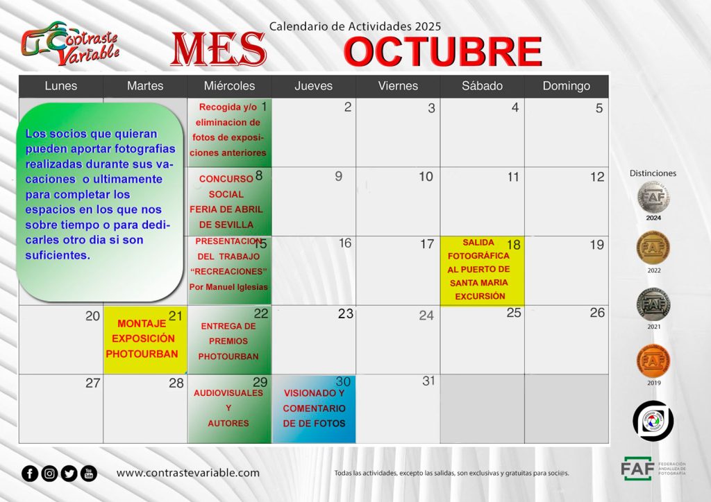 Calendario de Actividades de octubre de 2025