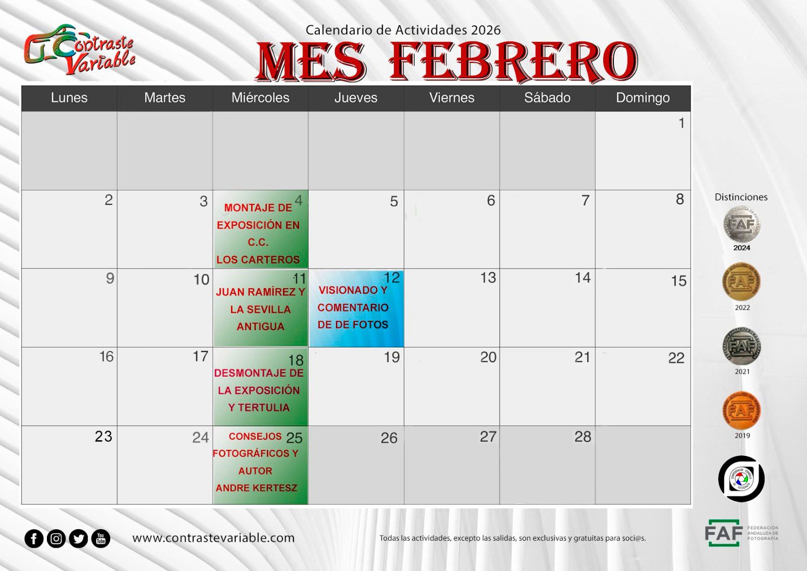 Calendario de Actividades de febrero de 2026
