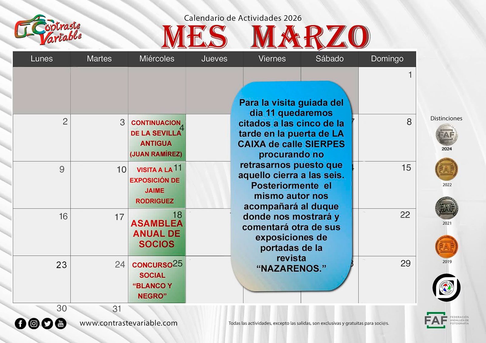 Calendario de Actividades de marzo de 2026