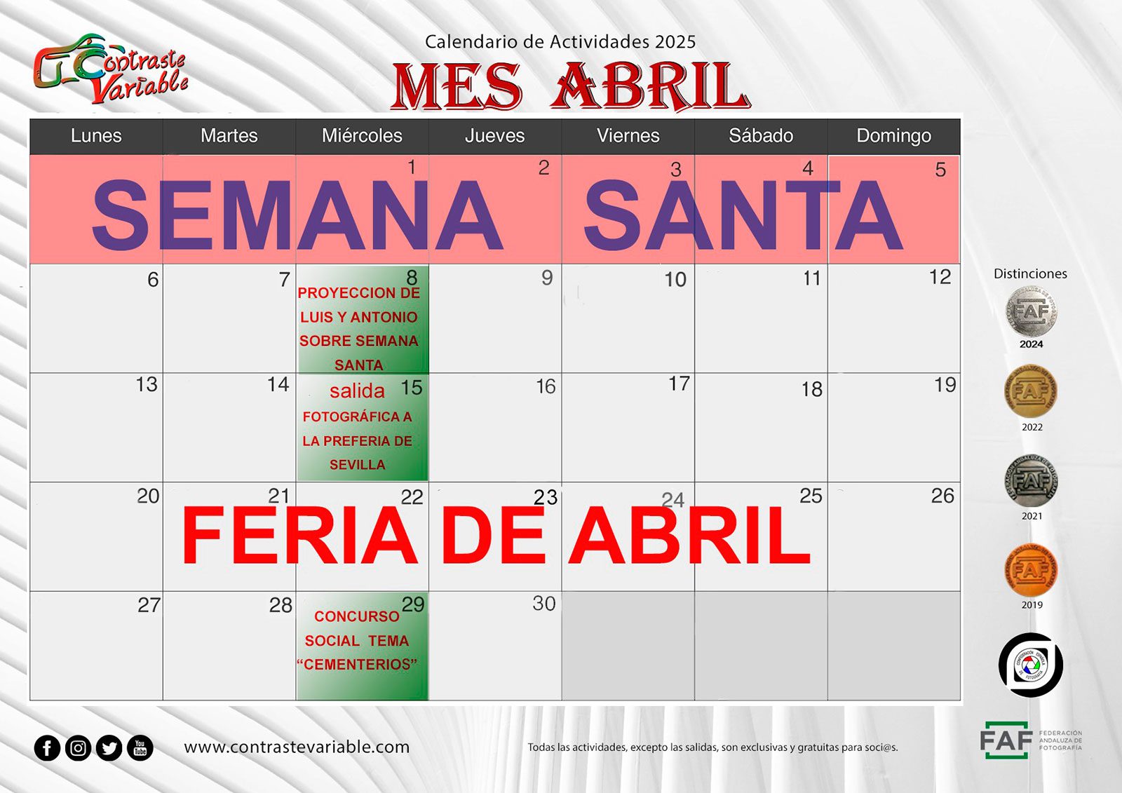 Calendario de Actividades de abril de 2026