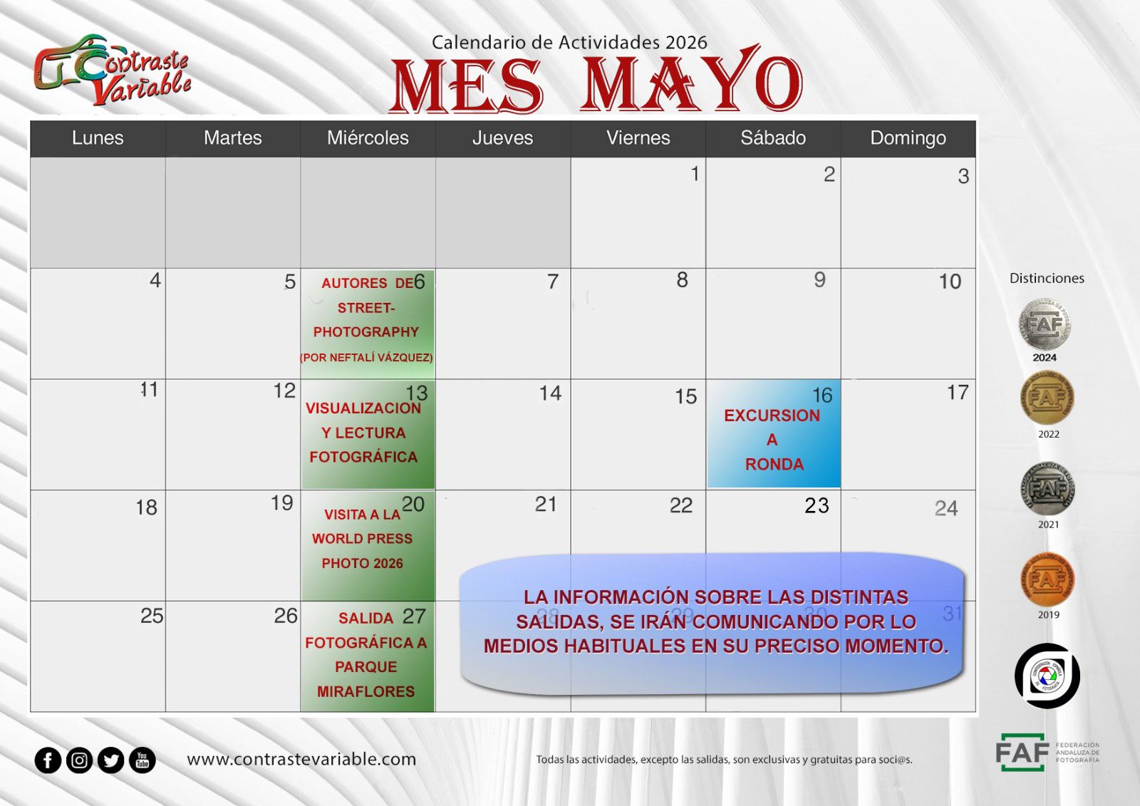 Calendario de Actividades de mayo de 2026